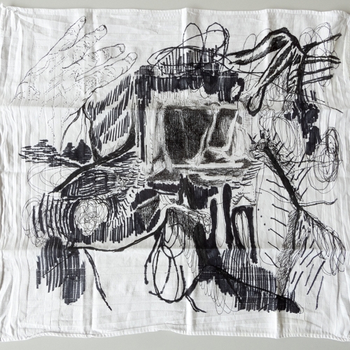 'Opkruipend zwart, Handkerchief 2, 39,5 x 35,5 cm, black markers on cotton