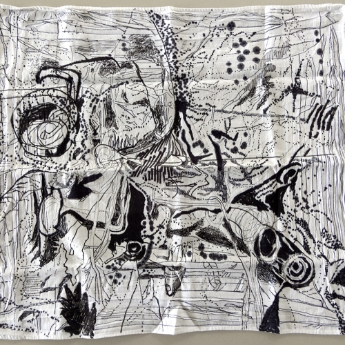 'Opkruipend zwart', Handkerchief 3, 39,5 x 35,5 cm, black markers on cotton